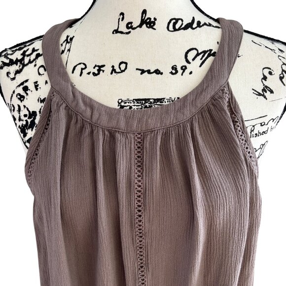 Torrid Women's Taupe Tunic Dress Sz 1 Sleeveless Keyhole Back Gauze Round Neck - Picture 4 of 9